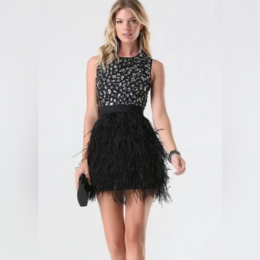 Bebe Elegant Black Feathered Women's Dress